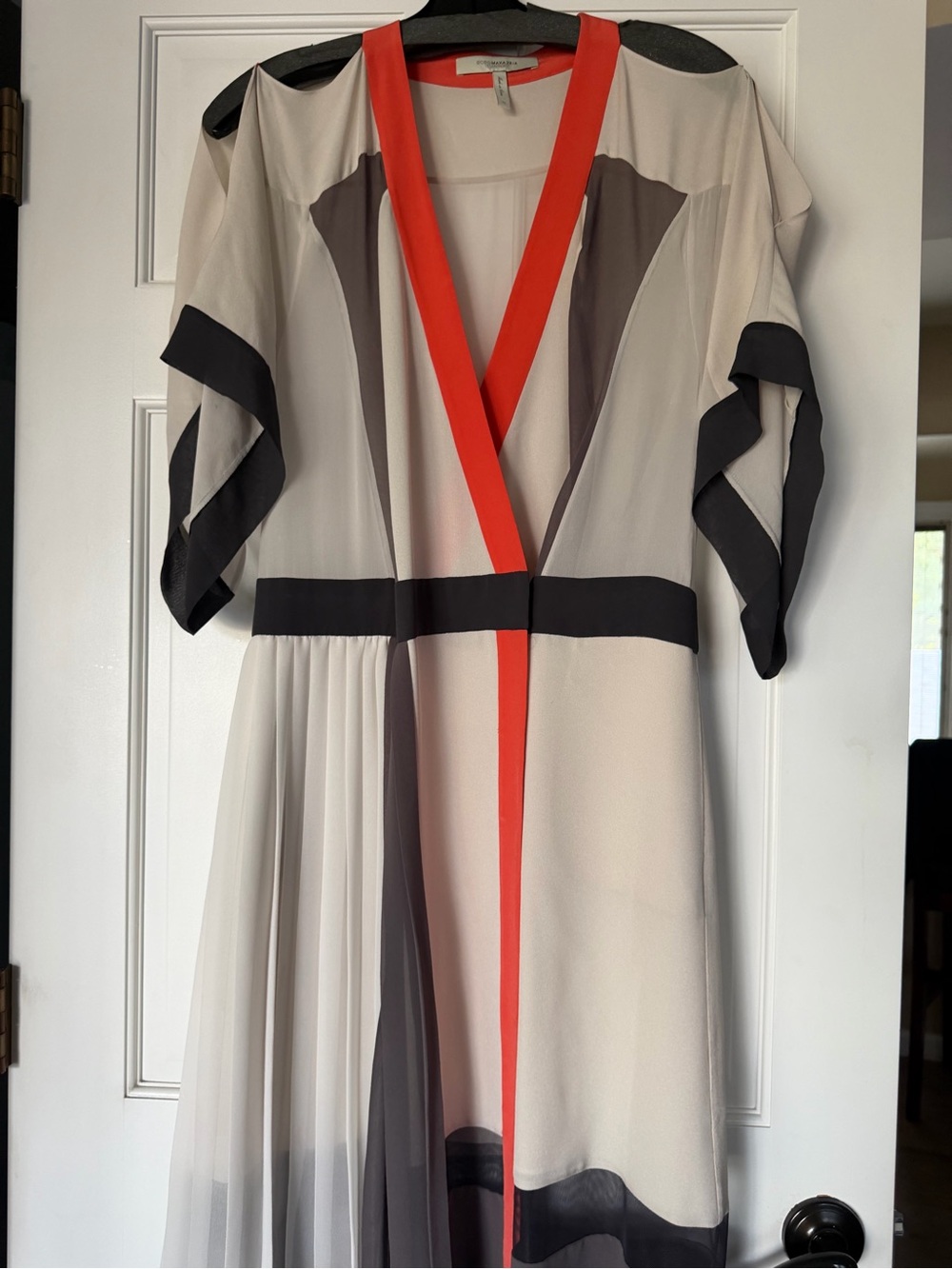 BCBGMaxAzria Cream Midi Dress with Black Panels and Red Trim
